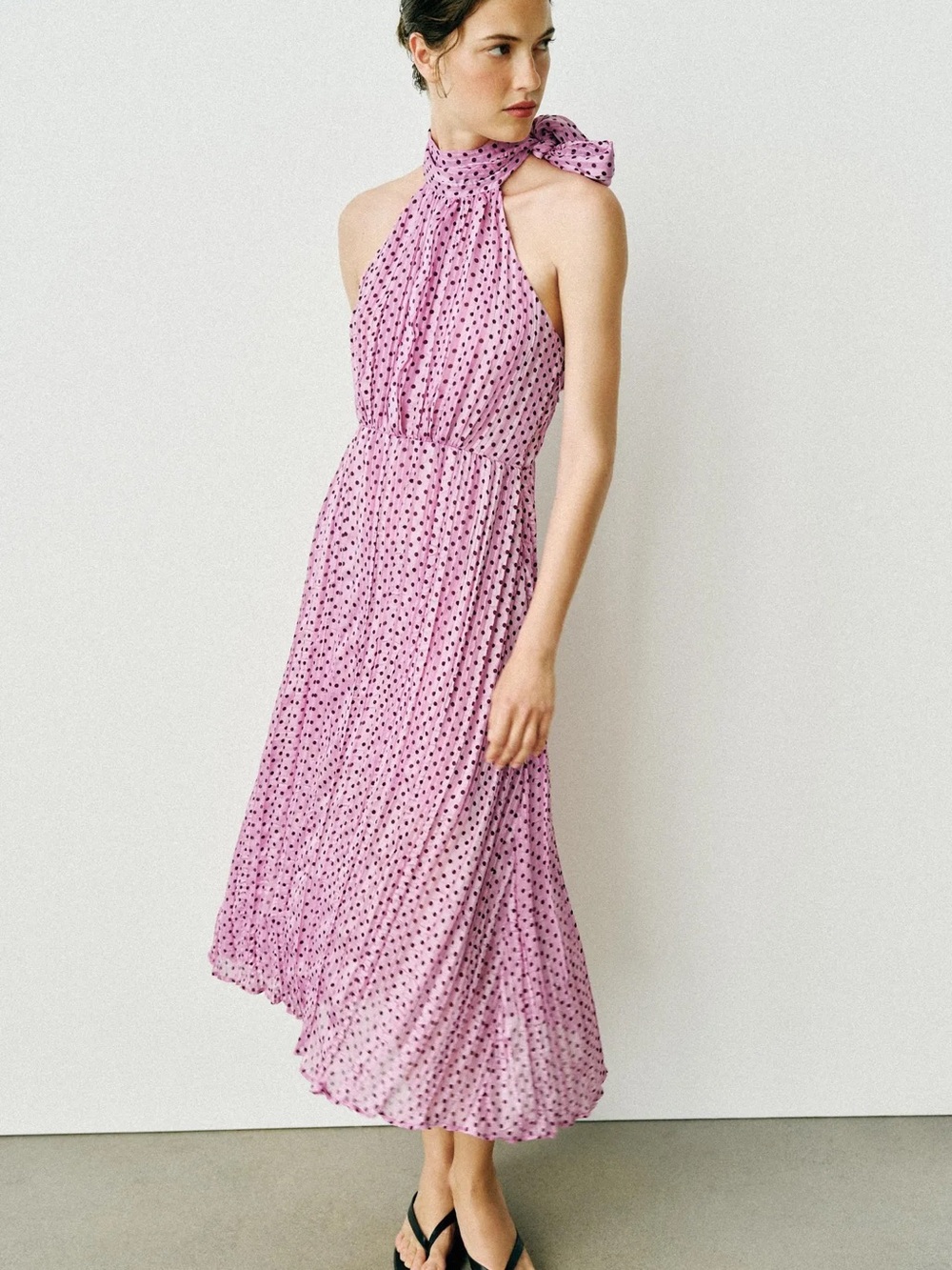 Zara Polka Dot Bow Pink Lilac Halter Sleeveless Coquette Feminine Midi Dress M